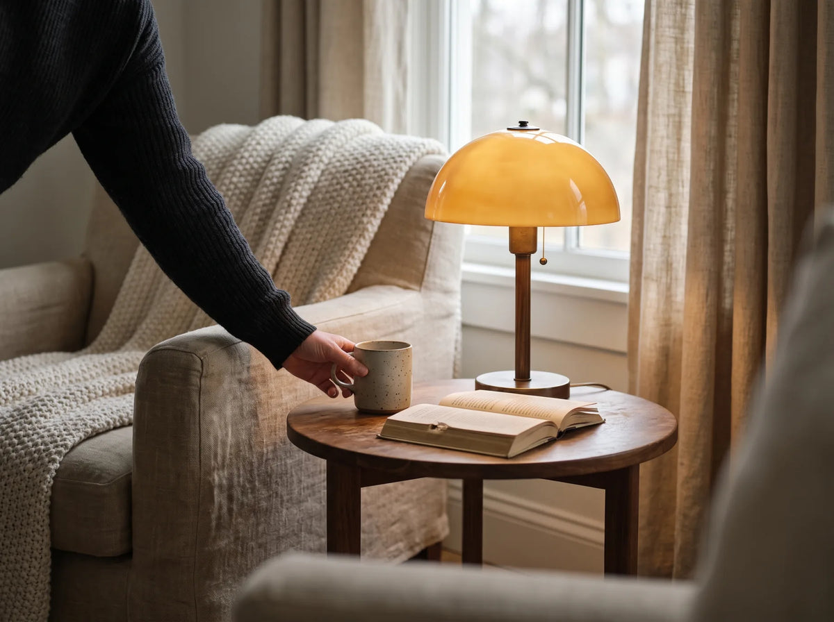 A hand setting a mug beside a lit table lamp in a reading corner