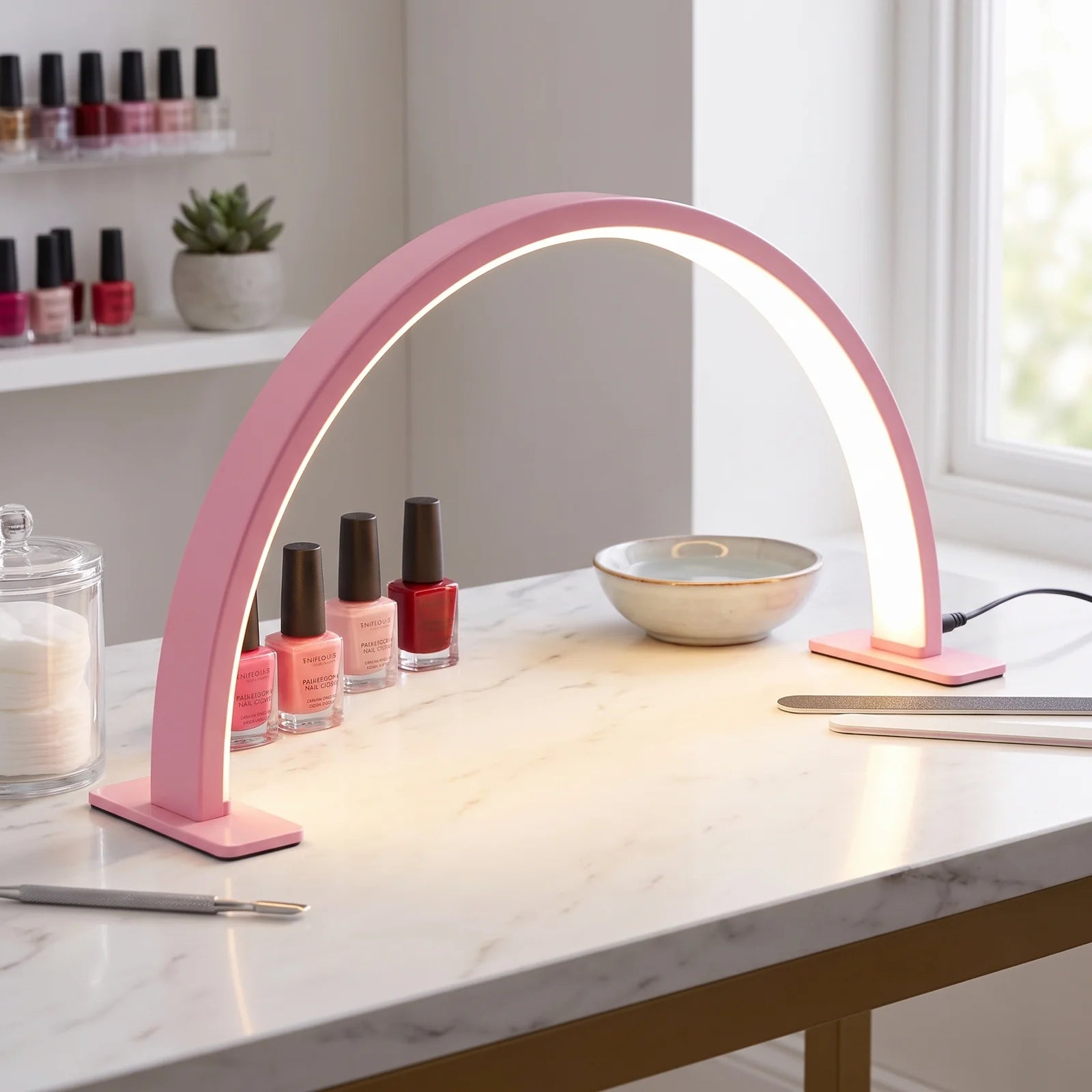 Crescent Moon LED Desk Lamp | Adjustable USB Metal Light - Pink (webp)