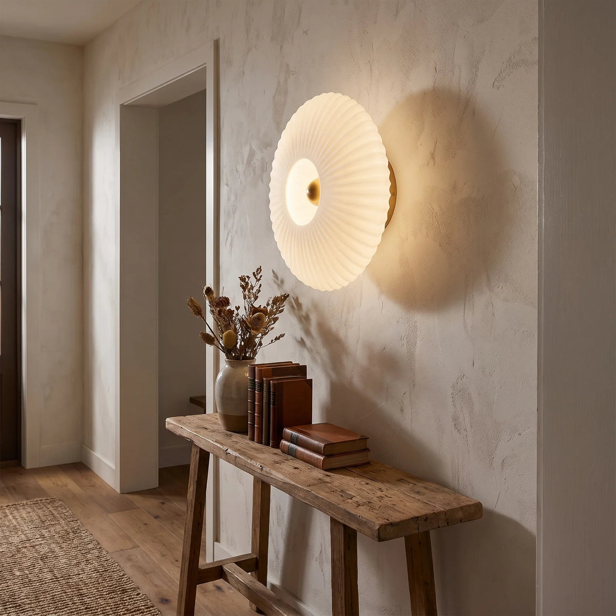Nordic Vintage Glass Wall Sconce | Striped Round Disc Light - Frosted White (webp)