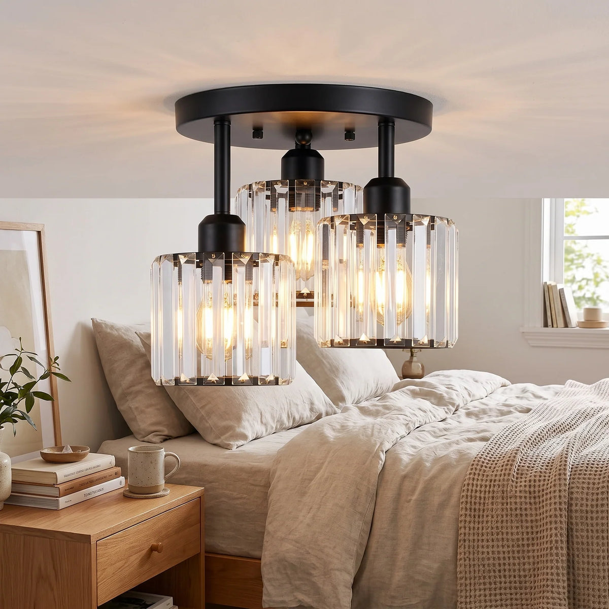 Modern Gold Luxury Crystal Ceiling Light | 3-Light Semi Flush Mount - Black (webp)