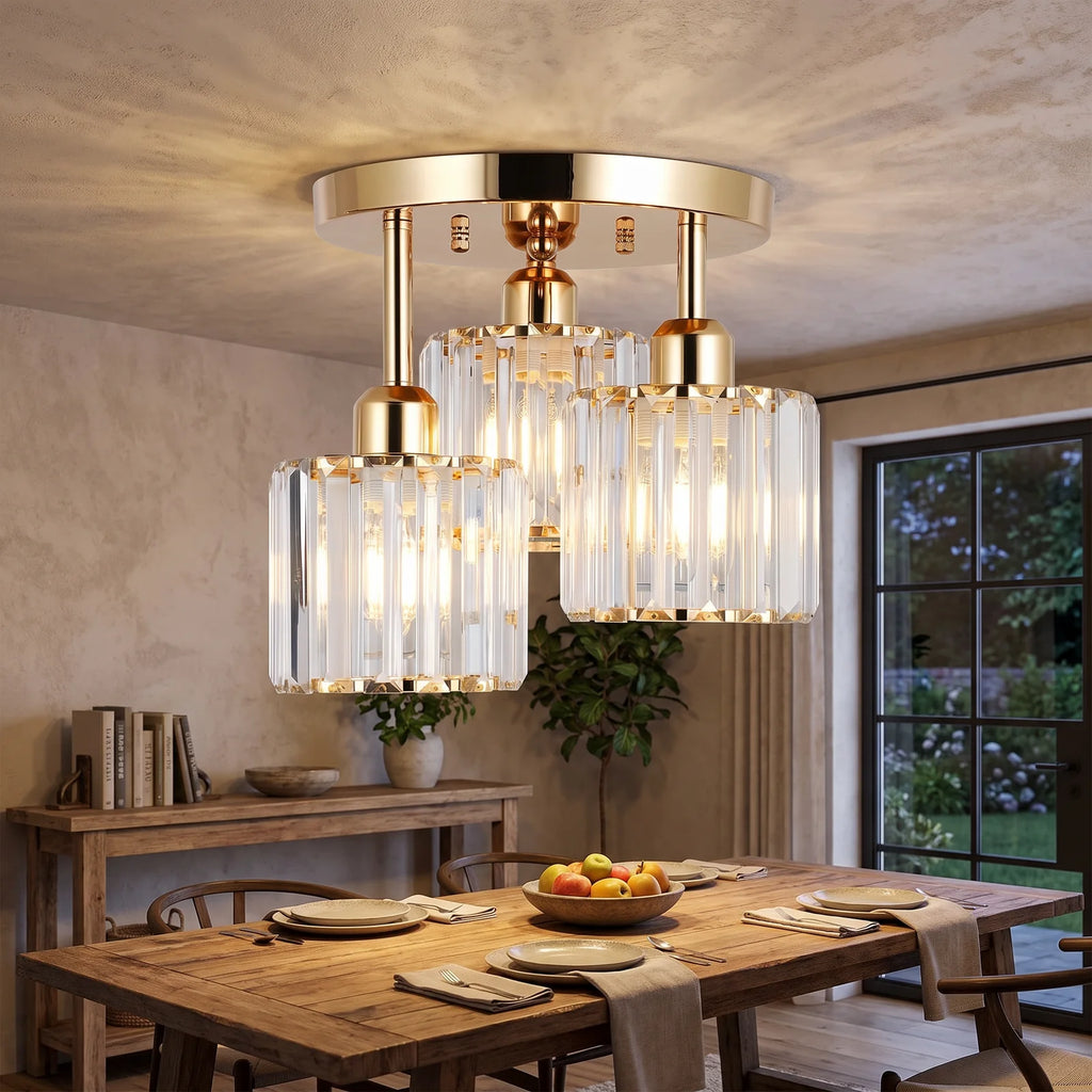 Modern Gold Luxury Crystal Ceiling Light | 3-Light Semi Flush Mount - Gold (webp)