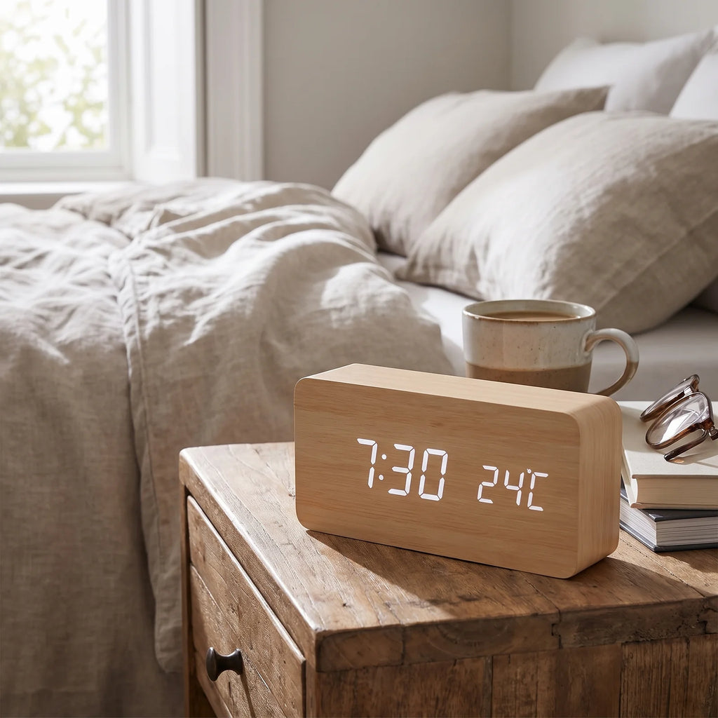 LED Smart Alarm Clock | Modern Voice-Controlled Wooden Design - Wood - Block