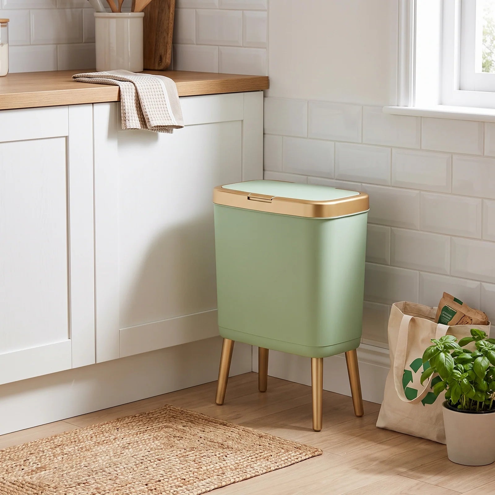 15L Modern Odour-Sealing Trash Can with Elevated Legs | Stylish Waste Bin for Kitchen, Living & Bathroom - Light Green