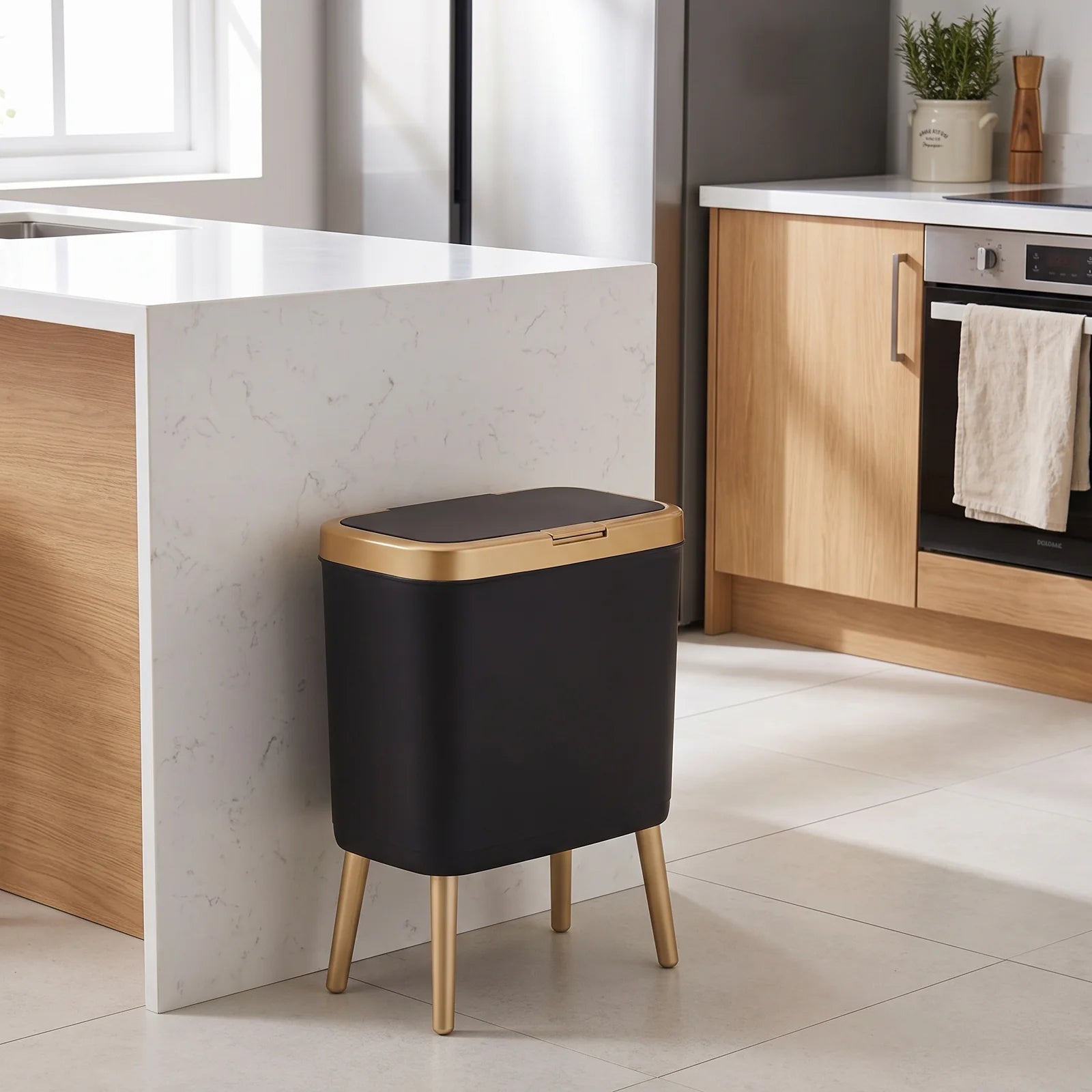 15L Modern Odour-Sealing Trash Can with Elevated Legs | Stylish Waste Bin for Kitchen, Living & Bathroom - Black