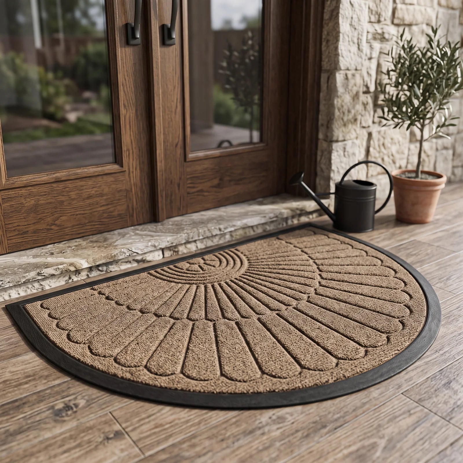 Door Mat Non Slip Rubber Semi Circular Entryway Mat - Beige Brown