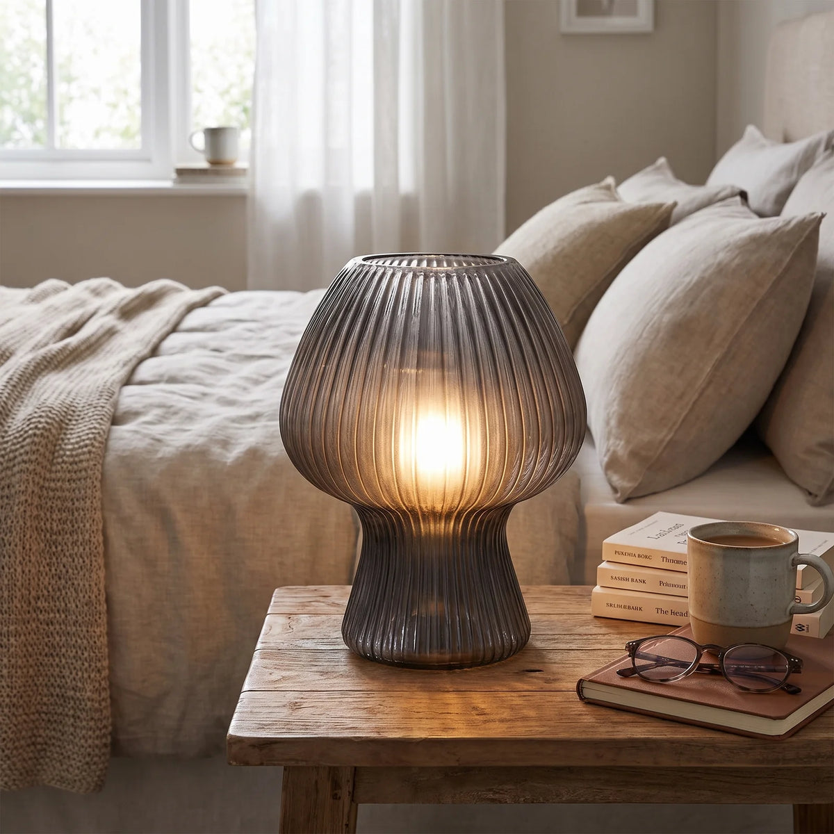 Vintage Bedside Table Lamp | Ribbed Glass Mushroom Lamp